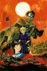  1boy 2girls absurdres aircraft airplane bag belt blonde_hair camera highres military_uniform military_vehicle motor_vehicle multiple_girls non-web_source official_art red_belt scan science_fiction shoulder_bag signature space sun tank venus_senki yasuhiko_yoshikazu 