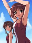  armpits arms_up brown_eyes brown_hair dnangel erect_nipples flat_chest happy harada_riku harada_risa highres looking_back multiple_girls one-piece_swimsuit open_mouth orange_eyes ponytail red_hair redhead short_hair siblings single_vertical_stripe sisters swimsuit twins zundarepon 