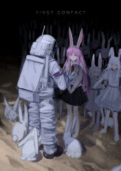  1other 6+girls absurdres ambiguous_gender animal_ears astronaut black_skirt collared_shirt commentary_request darkness dress english_text helmet highres long_hair long_sleeves moon_rabbit multiple_girls neck_ribbon necktie purple_hair rabbit rabbit_ears rabbit_girl red_eyes red_necktie reisen_udongein_inaba ribbon shirt skirt space_helmet spacesuit touhou vanilla_flan very_long_hair white_dress white_hair white_shirt 