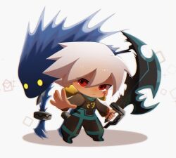  1boy aoya091 chibi chibi_only closed_mouth commentary_request earrings em_being_(mega_man) facial_mark full_body grey_hair hair_between_eyes highres holding holding_sword holding_weapon jewelry laplace_(mega_man) long_sleeves looking_at_viewer male_focus mega_man_(series) mega_man_star_force_(series) red_eyes solo_(mega_man) standing sword weapon white_background 