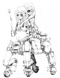  2girls amputee arms_around_neck behind_another body_modification breasts character_request closed_mouth commentary_request copyright_request cyborg cyclops full_body greyscale hand_up hug hug_from_behind invisible_floor kneeling lined_paper long_hair looking_at_another mechanical_arms mechanical_taur megrim_haruyo monochrome monster_girl multiple_girls one-eyed pants prosthesis prosthetic_arm quadruple_amputee raptoriales reverse-jointed_legs riding_taur science_fiction shirt short_hair simple_background small_breasts smile standing taur 