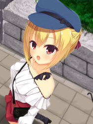  1girl :d absurdres alternate_costume alternate_hairstyle arihara_nanami bag bare_shoulders black_bag black_boots black_bow blue_hat blurry blurry_background blush boots bow casual collarbone commentary_request day depth_of_field dutch_angle foreshortening frilled_shirt frills hair_between_eyes hair_bun hair_ribbon handbag hat hat_bow highres long_sleeves looking_at_viewer newsboy_cap off-shoulder_shirt off_shoulder open_mouth outdoors pov red_eyes red_ribbon red_skirt reiji_tsukimi ribbon riddle_joker shirt sidelocks single_hair_bun skirt smile solo standing tile_floor tiles white_shirt 