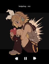  1girl bare_shoulders belt blonde_hair blue_eyes bow brown_leg_warmers brown_sailor_collar brown_shorts brown_sleeves clenched_teeth crying crying_with_eyes_open detached_sleeves empty_eyes from_side full_body grey_shirt hair_bow hair_ornament hairclip headphones headset heart hedgehog_(vocaloid) highres holding holding_heart hugging_own_legs kagamine_rin knees_to_chest knees_up leg_warmers legs_together messy_hair midriff_peek neckerchief parallel_hairclips profile sad sailor_collar shirt short_hair shorts sitting sleeveless sleeveless_shirt solo spiked_back spiked_shirt spikes swept_bangs symbolism tearing_up tears teeth vocaloid white_bow yellow_belt yellow_neckerchief yellow_trim zzz_giragira 