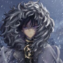  1boy bishounen black_hair blunt_ends bright_pupils building coat commentary_request cross dated european_architecture eyeliner fatui_coat fatui_logo fur-trimmed_coat fur_hood fur_trim genshin_impact gold grey_hood highres hood hood_up hooded_coat jewelry kiriko_tw lapels looking_to_the_side makeup male_focus mandarin_collar mitsudomoe_(shape) neck_ring outdoors overcast parted_lips portrait red_eyeliner scaramouche_(genshin_impact) scaramouche_(harbinger)_(genshin_impact) sideways_glance sky slit_pupils snow snowing solo tomoe_(symbol) tsurime twitter_username violet_eyes white_coat white_mouth white_pupils wispy_bangs wolf_cut 