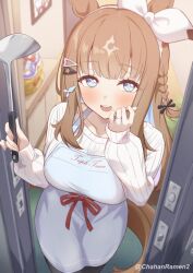  1girl :d almond_eye_(umamusume) animal_ears apron blue_eyes blush braid breasts brown_hair chahanramen commentary_request doorway hair_ornament hairclip holding holding_ladle horse_ears horse_girl housewife jewelry ladle long_hair looking_at_viewer open_mouth opening_door pov pov_doorway ribbed_sweater ring side_braid smile solo sweater twitter_username umamusume white_apron white_sweater 