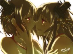  2girls artist_name black_hair commentary_request crying crying_with_eyes_open dated eye_contact from_side fusou_(kancolle) hand_on_another's_cheek hand_on_another's_face headgear kantai_collection long_hair looking_at_another multiple_girls noses_touching one-hour_drawing_challenge open_mouth profile red_eyes short_hair signature simple_background sleeveless smile tears upper_body white_background yamashiro_(kancolle) yumi_yumi yuri 