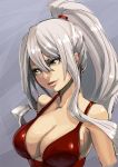  bad_id breasts cleavage dress face lips long_hair original ponytail portrait silver_hair solo yellow_eyes 