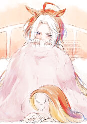  1girl ahoge animal_ears barefoot blanket blue_eyes blush colored_bangs commentary highres holding holding_blanket horse_ears horse_girl horse_tail long_hair multicolored_hair on_bed orange_hair orfevre_(umamusume) solo tail two-tone_hair umamusume under_covers white_hair yue_(lov_n_n) 