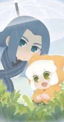  2boys animal_ears blue_eyes blue_hair cat_boy cat_ears child chinese_clothes closed_mouth commentary_request fang green_eyes highres long_hair luo_xiaohei luo_xiaohei_(human) male_focus multiple_boys no_lineart no_nose open_mouth plant rain the_legend_of_luo_xiaohei transparent transparent_umbrella umbrella white_hair wuxian_(the_legend_of_luo_xiaohei) xrriver 