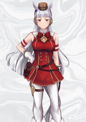  1girl absurdres animal_ears armband belt blunt_bangs blush boots bow breasts brown_belt brown_hat dress ear_bow ear_ribbon gloves gold_ship_(red_strife)_(umamusume) gold_ship_(umamusume) grey_hair grin hat highres horse_ears horse_girl horse_tail long_hair looking_at_viewer medium_breasts mentai0127 open_mouth pantyhose pillbox_hat red_bow red_dress sleeveless sleeveless_dress smile solo striped_armband striped_clothes tail teeth umamusume violet_eyes white_boots white_gloves white_pantyhose 