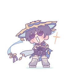  1boy alternate_footwear aracanthusdraws armor black_bodysuit black_hair black_shorts blue_cape blue_gem blue_hat blue_jingasa blunt_ends blush bodysuit boots bow bridal_gauntlets cape chibi chibi_only choppy_bangs commentary crossed_arms english_commentary facing_to_the_side feathers full_body fur-trimmed_boots fur_trim furisode gem genshin_impact gold gold_ring grey_boots grey_bridal_gauntlets hands_on_own_chest hat highres ice_skates japanese_armor japanese_clothes jingasa kimono kote kurokote male_focus mandarin_collar middle_ring open_mouth pom_pom_(clothes) purple_bow scaramouche_(genshin_impact) short_sleeves shorts shoulder_peek side_cape skates solo v-shaped_eyebrows wanderer_(genshin_impact) white_background white_mouth white_sleeves wolf_cut yellow_feathers 