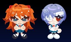  2girls arm_sling ayanami_rei bandaged_head bandages black_background blue_eyes blue_hair chibi chibi_only crossed_arms hairpods highres kiwiikero mary_janes multiple_girls neck_ribbon neon_genesis_evangelion orange_hair red_eyes red_ribbon ribbon sample_watermark school_uniform shirt shoes skirt souryuu_asuka_langley suspender_skirt suspenders tokyo-3_middle_school_uniform watermark white_shirt white_shoes 
