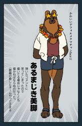  1boy animal_ears arms_behind_back bakushi_(smys2017) blue_shorts claws closed_mouth commentary_request dire_(si_land) eyewear_on_head furry furry_male male_focus red_shirt shirt shorts si_land star-shaped_eyewear star_(symbol) sunglasses translation_request white_shirt wolf_boy wolf_ears 