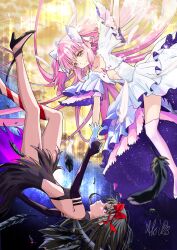  2girls akemi_homura akiba_tsukimi akuma_homura black_dress black_gloves black_hair black_shoes black_wings bow breasts cleavage_cutout clothing_cutout collarbone commentary_request dress elbow_gloves feathered_wings feathers gloves goddess_madoka hair_bow high-low_dress highres holding_hands kaname_madoka long_hair magical_girl mahou_shoujo_madoka_magica mahou_shoujo_madoka_magica:_hangyaku_no_monogatari multiple_girls pink_hair pink_thighhighs red_bow shoes short_twintails signature space thigh-highs twintails white_bow white_dress white_gloves wings 