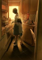  2girls barefoot black_hair chopsticks commentary cooking counter electric_kettle english_commentary floor from_side frying_pan full_body gloves hand_jumper highres hug hug_from_behind indoors kettle kitchen lee_samin lee_sayeon multiple_girls official_art oven refrigerator rice_cooker rubber_gloves shelf shirt short_hair shorts siblings sink sisters skirt sleepacross sleeves_rolled_up socks stove t-shirt table tiptoes white_shirt window 