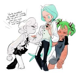  1boy 2girls alan_keane arrcticc_fish blue_hair bow carmen_verde english_text green_hair highres humanization looking_at_viewer masami_yoshida multiple_girls scene_reference shirt short_hair short_twintails simple_background the_amazing_world_of_gumball twintails white_background white_hair 