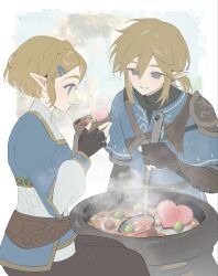  1boy 1girl armor black_gloves black_pants black_sweater blonde_hair blue_eyes blue_shirt blue_tunic border bowl braid champion's_tunic_(zelda) commentary cooking cooking_pot crown_braid fingerless_gloves gloves gold_trim green_eyes hair_between_eyes hair_ornament hairclip highres holding holding_bowl holding_ladle kawama_rei ladle layered_sleeves leather_armor link looking_at_another low_ponytail medium_hair pants parted_bangs parted_lips ponytail princess_zelda ribbed_sweater shirt short_hair shoulder_armor sidelocks sitting smile steam steaming_food stew sweater the_legend_of_zelda the_legend_of_zelda:_tears_of_the_kingdom tunic white_border 