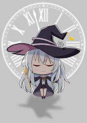  1girl absurdres animal apricotlemontea black_boots black_hat black_robe black_skirt boots cat chibi clock closed_eyes closed_mouth collared_shirt commentary_request crescent dress_shirt elaina_(majo_no_tabitabi) facing_viewer fold-over_boots grey_background grey_hair hat highres holding holding_staff hooded_robe long_hair majo_no_tabitabi open_clothes open_robe pentagram pleated_skirt robe roman_numeral shirt simple_background skirt solo staff very_long_hair white_cat white_shirt witch_hat 