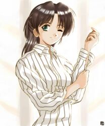  1990s_(style) 1girl adjusting_sleeves bad_id brown_hair closed_mouth collared_shirt commentary_request green_eyes hana_(hana_mo_arashi_mo) long_hair looking_at_viewer one_eye_closed original retro_artstyle shirt smile solo striped_clothes striped_shirt upper_body vertical-striped_clothes vertical-striped_shirt white_background white_shirt 