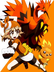  1girl absurdres bag bandana bike_shorts bike_shorts_under_skirt clenched_hand commentary_request cosplay crossover fanny_pack galarian_zapdos gloves highres leg_up looking_to_the_side may_(pokemon) may_(pokemon)_(cosplay) mikamikamikage outstretched_arm pokemon pokemon_(creature) pokemon_ruby/sapphire/emerald senki_zesshou_symphogear shirt shoes short_sleeves skirt tachibana_hibiki_(symphogear) torchic white_skirt yellow_bag 