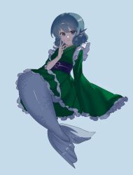  1girl agaboidesudesu blue_background blue_eyes blue_hair breasts closed_mouth dress fish_girl frilled_dress frilled_sleeves frills green_dress hand_on_own_face highres looking_at_viewer medium_breasts medium_hair simple_background solo tail touhou wakasagihime 