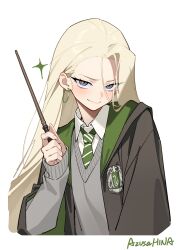  1girl artist_name azusa_hina black_robe blonde_hair blush chinese_commentary commentary_request cropped_torso earrings genderswap genderswap_(mtf) green_necktie grey_eyes grey_sweater hand_up harry_potter_(series) highres hogwarts_school_uniform holding holding_wand hoop_earrings jewelry long_hair looking_at_viewer malfoid necktie robe school_uniform shirt simple_background smile solo sweater wand white_background white_shirt wizarding_world 