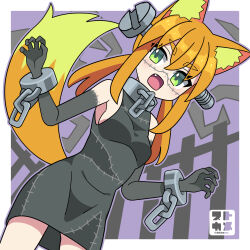  1girl :o animal_ear_fluff animal_ears artist_logo bare_tree black_dress black_gloves border breasts chain collar commentary_request crossed_bangs cuffs dot_nose double-parted_bangs dress elbow_gloves fang feet_out_of_frame fence fox_ears fox_girl fox_tail from_below gloves green_eyes green_fur grey_dress hair_between_eyes highres logo long_hair medium_breasts metal_collar open_mouth orange_hair original patchwork_clothes pencil_dress purple_background scar scar_on_face shackles simple_background sleeveless sleeveless_dress solo stchame tail tree two-tone_dress white_border 