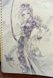  1girl bow bow_(weapon) closed_mouth commentary dress fingerless_gloves full_moon gloves hair_bow hasukurira hat highres holding holding_bow_(weapon) holding_weapon long_hair looking_at_viewer moon nurse_cap puffy_short_sleeves puffy_sleeves short_sleeves smile solo touhou traditional_media very_long_hair weapon yagokoro_eirin 