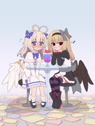  2girls @_@ absurdres ahoge angel_feather_alma armband black_boots black_hairband black_shirt black_thighhighs black_wings blonde_hair blue_bow blue_bowtie blue_eyes blush boots bow bow_hairband bowtie capelet chair commentary_request dark_feather_alma drinking_straw drinking_straw_in_mouth elbows_on_table emil_chronicle_online flying_sweatdrops frilled_skirt frills grey_armband grey_bow hair_bow hairband heart heart_ahoge highres low_wings multiple_girls musical_note nose_blush on_chair purple_thighhighs red_eyes rna0 shirt shoes skirt socks striped_clothes striped_thighhighs thigh-highs waist_bow wavy_hair white_capelet white_hair white_shirt white_shoes white_skirt white_socks white_wings wing_ornament wings yuri 