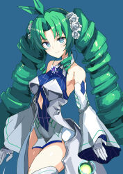  1girl antenna_hair blue_background blue_dress boots breasts ceros closed_mouth clothing_cutout commentary_request detached_sleeves dress drill_hair duel_masters duel_masters_play's emperor_kiriko_(duel_masters) flower gloves green_hair grey_gloves hair_flower hair_ornament highres kiriko_(duel_masters) large_breasts long_hair looking_at_viewer multicolored_dress simple_background solo stomach_cutout thigh_boots twin_drills very_long_hair white_dress white_flower 