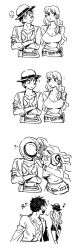  1boy 1girl bracelet breasts camisole commentary cross_scar crossed_arms hat hetero highres holding holding_unworn_clothes holding_unworn_hat implied_kiss jewelry large_breasts long_hair looking_at_another mcbuckwheat monkey_d._luffy motion_lines musical_note nami_(one_piece) notice_lines one_piece removing_hat scar scar_on_chest short_hair shoulder_tattoo straw_hat tattoo untranslatable_commentary unworn_hat unworn_headwear upper_body wavy_hair white_background 