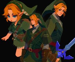  1boy armor black_background blonde_hair blue_eyes brown_gloves closed_mouth collared_shirt commentary_request cowboy_shot earrings fingerless_gloves gloves green_hat green_tunic grey_shirt hat highres holding holding_sword holding_weapon jewelry leather_armor link male_focus master_sword multiple_views naiiyoo open_mouth parted_bangs phrygian_cap pointy_ears shirt short_hair sidelocks solo sword the_legend_of_zelda the_legend_of_zelda:_ocarina_of_time the_legend_of_zelda:_ocarina_of_time_(remake) tunic upper_body weapon young_link 