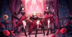  3girls :d absurdres aki_rosenthal animal_ears azki_(hololive) black_boots black_gloves black_hair black_jacket blonde_hair boots braid closed_mouth colored_inner_hair commentary_request cropped_jacket dress falling_petals flower full_body gloves hair_bun half_up_braid high-low_dress high_heel_boots high_heels highres hololive jacket lace-up_boots lapels long_hair looking_at_viewer multicolored_hair multiple_girls neck_ribbon notched_lapels official_art on_throne ookami_mio open_mouth petals pink_hair pink_streaks ponytail red_dress red_flower red_rose red_streaks ribbon rose side_up_bun single_glove single_hair_bun sitting smile standing streaked_hair tail thigh_strap throne tiara very_long_hair violet_eyes virtual_youtuber white_streaks wolf_ears wolf_girl wolf_tail yellow_eyes zetto023 