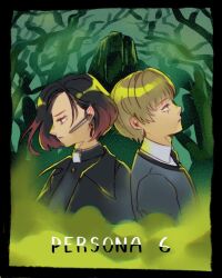  1boy 1girl back-to-back black_border black_hair black_jacket black_necktie blonde_hair blue_eyes bob_cut border cardigan commentary copyright_name from_side grey_cardigan jacket leaked_female_protagonist_(persona_6) leaked_male_protagonist_(persona_6) multicolored_hair necktie persona persona_6 profile red_hair signature sorisketches two-tone_hair 