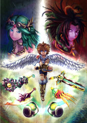  1boy 2girls angel angel_wings black_hair blue_eyes brown_hair chain circlet club_(weapon) commentary_request crusader_blade_(kid_icarus) facial_mark gold_chain gold_thighlet green_hair hewdraw_club_(kid_icarus) highres jewelry kid_icarus kid_icarus_uprising kitsukine_tanu laurel_crown looking_at_viewer medusa_(kid_icarus) multiple_girls ore_club_(kid_icarus) palutena pendant pit_(kid_icarus) snake_hair standard_orbitars_(kid_icarus) thighlet tiger_claws_(kid_icarus) weapon wings 