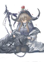  1girl 1other animal_ears arknights baishi_(user_ttfj7553) black_gloves black_horns black_pantyhose brown_hair chain_weapon commentary cow_ears cow_girl cow_horns doctor_(arknights) flower flower_on_head full_body gloves hair_between_eyes hand_on_another's_head headpat highres horns lap_pillow looking_at_another lying lying_on_lap lying_on_person on_side pallas_(arknights) pantyhose petals purple_shirt red_flower red_rose rose shirt short_hair_with_long_locks simple_background white_background 