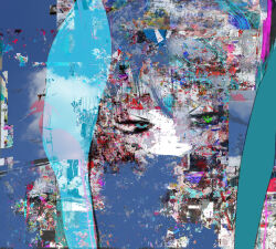  1girl abstract abstract_background absurdres blue_sky closed_mouth cropped_head double_exposure glitch_art half-closed_eyes hatsune_miku highres hilty jitome looking_at_viewer mixed_media photo_inset sky vocaloid 