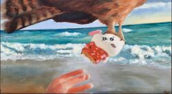  :3 bird blue_sky chiikawa disembodied_hand english_commentary evening hawaiian_shirt hawk kidnapping oil_painting_(medium) painting_(medium) shirt shore signature sky stuffed_animal stuffed_toy traditional_media vikhytherm water waves 