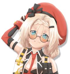  1girl :3 absurdres arms_behind_head bare_shoulders beret black_gloves black_vest blonde_hair blue_eyes blush braid breasts commentary confident double_bun fang fingerless_gloves girls'_frontline_2:_exilium girls_frontline gloves hair_bun hat highres kuronukkkkko medium_hair mp5_(girls'_frontline) multiple_braids necktie open_clothes open_vest peri_(girls'_frontline_2) red_hat red_necktie slit_pupils small_breasts smile solo sunglasses upper_body vest 