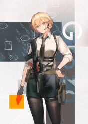  absurdres assault_rifle black_necktie black_pantyhose blonde_hair braid bullpup commentary_request english_text girls'_frontline_2:_exilium girls_frontline gun highres necktie office_lady ots-14_(girls'_frontline) ots-14_groza pantyhose pencil_skirt ponytail rifle shenme_niao_mingzi shirt side_slit skirt watch watch weapon white_shirt yellow_eyes 