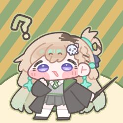  1girl :3 :d ? black_coat black_shoes blonde_hair blush_stickers chibi chibi_only coat commentary_request cosplay diagonal-striped_background double-parted_bangs earrings full_body gradient_hair green_background green_hair green_necktie green_outline grey_sweater hair_ornament hand_up harry_potter_(series) holding holding_wand jewelry kneehighs korean_commentary long_hair long_sleeves lynae_(wuthering_waves) malfoid malfoid_(cosplay) monyami multicolored_hair necktie open_clothes open_coat open_mouth outline shoes skull_hair_ornament smile socks solo standing striped_background striped_clothes striped_necktie sweater very_long_hair violet_eyes wand white_socks wide_sleeves wizarding_world wuthering_waves yellow_background 