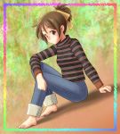  1girl barefoot brown_eyes brown_hair chunpai dutch_angle feet highres hirasawa_ui jeans k-on! ponytail short_hair solo striped striped_sweater sweater 