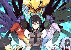  1girl armor cable colored_skin commentary_request cyborg digimon digimon_(creature) dinosaur dragon gigadramon helmet horns mechanical_wings megadramon missile mitosupa_(qsiqydfz7nesh9w) monster red_eyes robot sharp_teeth sword teeth titamon warumonzaemon weapon wings 
