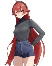  1girl ahoge alternate_costume black_hairband black_sweater blush breasts commentary cowboy_shot cropped_legs denim denim_shorts eris_greyrat eris_greyrat_(adult) hairband hand_on_own_ass highres large_breasts long_hair long_sleeves looking_at_viewer medium_breasts mushoku_tensei parted_lips red_eyes red_hair shorts simple_background snowstreamm solo sweater sweater_tucked_in turtleneck turtleneck_sweater very_long_hair white_background 