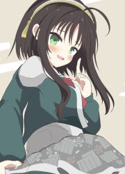  1girl :d absurdres ahoge black_hair blush cherry_blossom_print commentary cowboy_shot floral_print floral_print_shirt from_side furrowed_brow green_eyes green_jacket hair_ornament hairband hand_up highres hitachi_mako index_finger_raised jacket long_sleeves looking_at_viewer mochikumo open_mouth print_shirt senren_banka shirt short_hair_with_long_locks simple_background smile smug solo tassel tassel_hair_ornament white_hairband white_shirt 