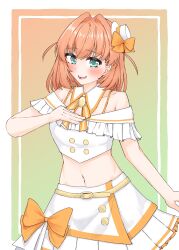  1girl :d absurdres aqua_eyes bare_shoulders border bow collarbone commentary cowboy_shot crop_top cropped_shirt frilled_shirt frilled_skirt frills gradient_hair green_background hair_bow hair_intakes hat highres hinoshita_kaho looking_at_viewer love_live! love_live!_hasu_no_sora_jogakuin_school_idol_club medium_hair midriff mini_hat mini_top_hat miniskirt multicolored_hair navel off-shoulder_shirt off_shoulder open_mouth orange_background orange_bow orange_hair outside_border pleated_skirt shirt simple_background skirt smile soleil_smile solo tama_hasudan teeth tilted_headwear top_hat two-tone_background two_side_up untranslatable_commentary upper_teeth_only virtual_youtuber white_border white_hat white_shirt white_skirt 