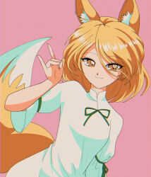  1990s_(style) 1girl animal_ear_fluff animal_ears blonde_hair breasts brown_eyes chromatic_aberration closed_mouth commentary_request dutch_angle eyelashes faux_retro_artstyle film_grain fox_ears fox_girl fox_shadow_puppet fox_tail green_ribbon hanadi_detazo hand_up highres kudamaki_tsukasa looking_at_viewer medium_hair pink_background retro_artstyle ribbon romper short_sleeves simple_background sleeve_ribbon small_breasts smile solo split_mouth tail touhou upper_body white_romper 