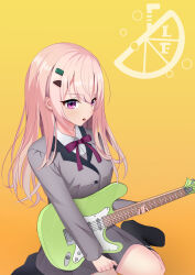  1girl :o absurdres black_socks blush bow bowtie buttons collared_shirt commentary_request electric_guitar gradient_background grey_jacket grey_skirt guitar hair_between_eyes hair_ornament hairclip harumi_ena highres holding holding_guitar holding_instrument hoshibashi_mitsuki instrument jacket kneehighs knees_out_of_frame limelight_lemonade_jam long_hair long_sleeves looking_at_viewer miniskirt no_shoes open_mouth orange_background parallel_hairclips pink_hair pleated_skirt red_bow red_bowtie red_eyes school_uniform shirt simple_background sitting skirt socks solo wariza white_shirt yellow_background 