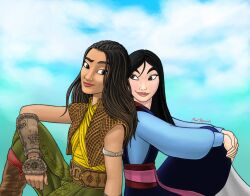  2girls absurdres amir_kameron back-to-back black_hair crossover disney fa_mulan_(disney) highres long_hair looking_at_another looking_back mulan_(movie) multiple_girls raised_eyebrow raya_(ratld) raya_and_the_last_dragon signature sitting smile 