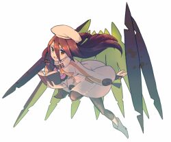 1girl artist_collaboration book boots brown_hair coat commentary_request floating_hair full_body hair_between_eyes haruyasai_(sanbunno) hat holding holding_book leggings long_hair_between_eyes mechanical_wings official_alternate_color open_book open_mouth sekaiju_no_meikyuu sekaiju_no_meikyuu_3 simple_background smile solo white_boots white_coat white_hat wings ybmairi_23cffn zodiac_(sekaiju) zodiac_2_(sekaiju) 
